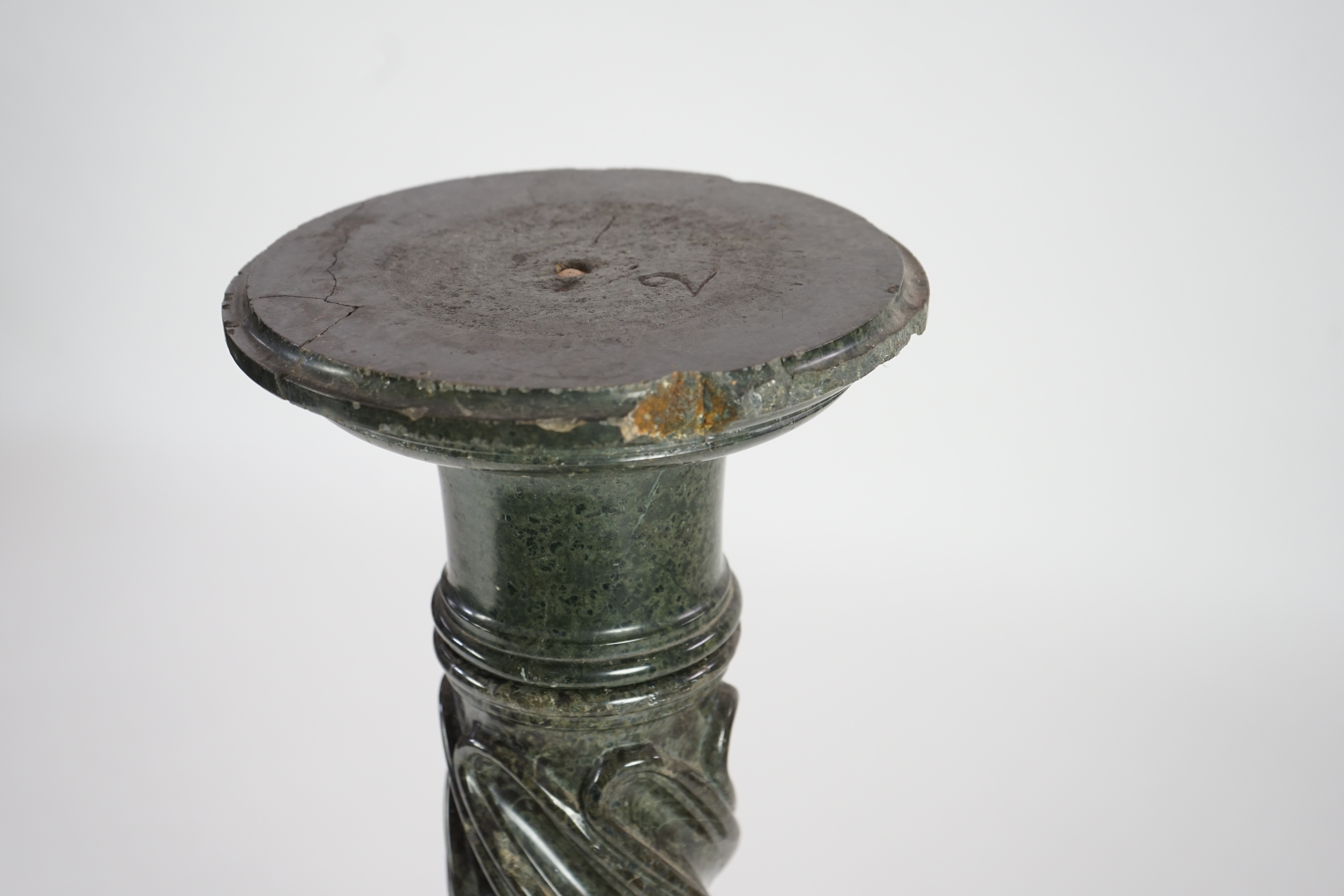 A Victorian green serpentine pedestal with spiral fluted column on octagonal plinth, 110cm high. Condition - fair